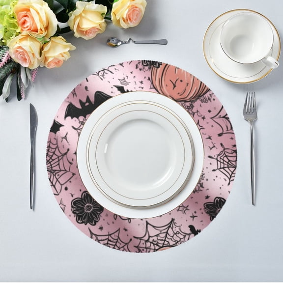 15.4" Round Placemat Set of 1 Polyester Fabric Place Mats Non-Slip Dining Kitchen Table Mats for Kitchen Party Decor Black Flowers and Spider Web