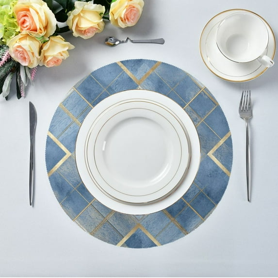 15.4" Round Placemat Set of 1 Polyester Fabric Place Mats Non-Slip Dining Kitchen Table Mats for Kitchen Party Decor Blue Plaid Pattern