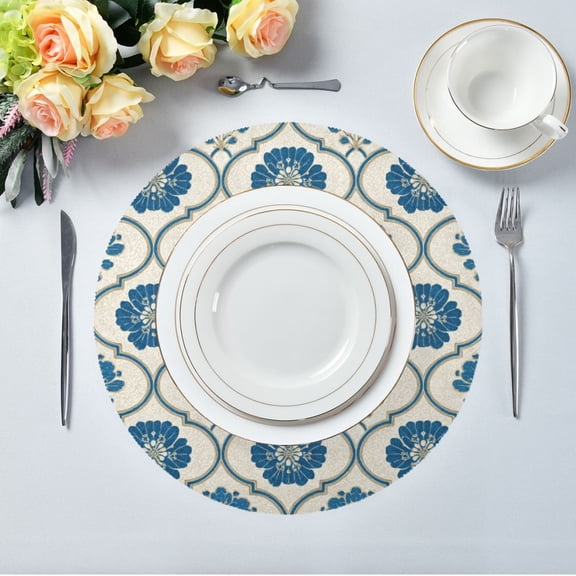 15.4" Round Placemat Set of 1 Polyester Fabric Place Mats Non-Slip Dining Kitchen Table Mats for Kitchen Party Decor Blue Symmetrical Floral Pattern