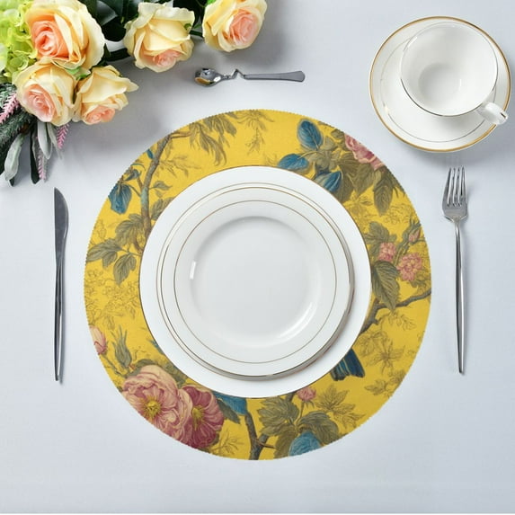 15.4" Round Placemat Set of 1 Polyester Fabric Place Mats Non-Slip Dining Kitchen Table Mats for Kitchen Party Decor Bluebird Surrounded by Flowers