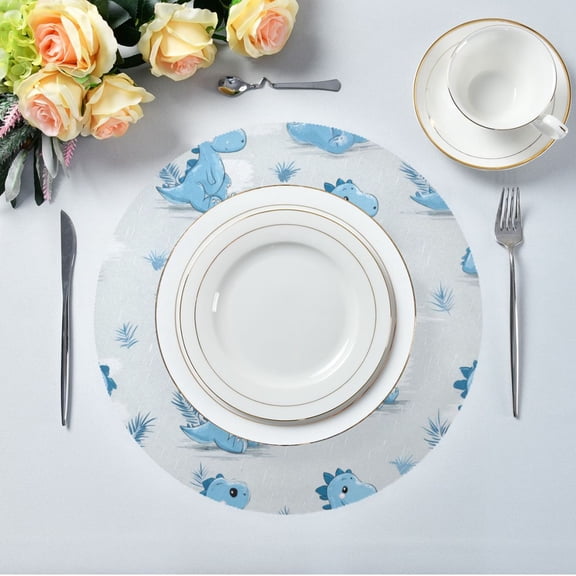 15.4" Round Placemat Set of 1 Polyester Fabric Place Mats Non-Slip Dining Kitchen Table Mats for Kitchen Party Decor Cartoon Blue Dinosaurs