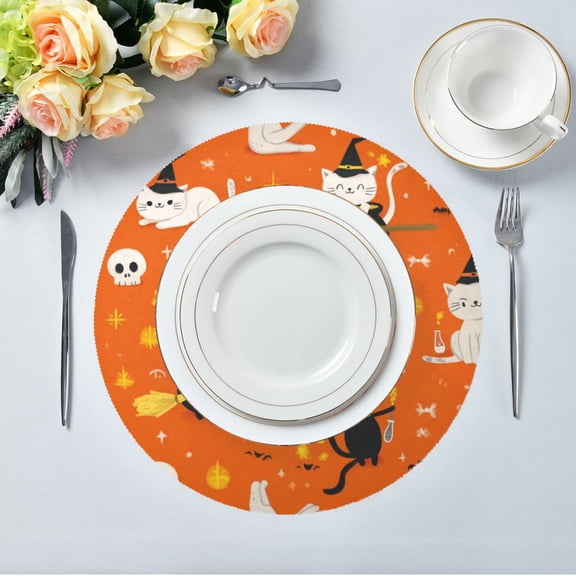 15.4" Round Placemat Set of 1 Polyester Fabric Place Mats Non-Slip Dining Kitchen Table Mats for Kitchen Party Decor Cartoon Cats in Witches' Hats