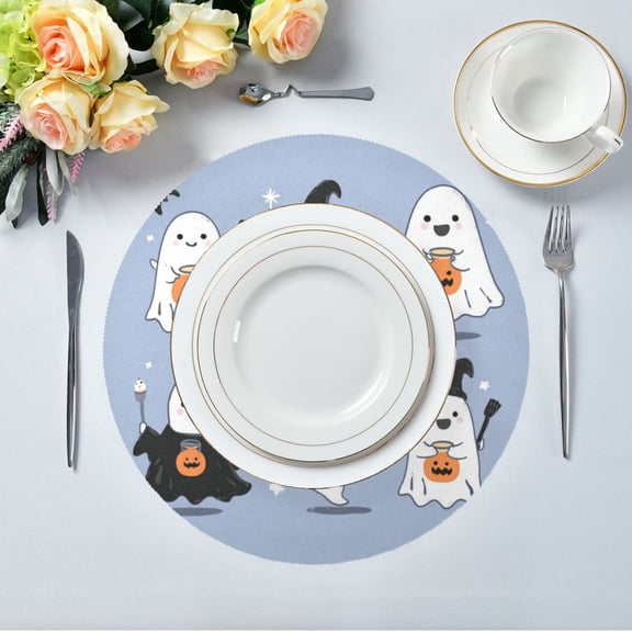 15.4" Round Placemat Set of 1 Polyester Fabric Place Mats Non-Slip Dining Kitchen Table Mats for Kitchen Party Decor Cartoon Ghost Clip Art