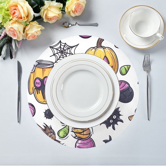 15.4" Round Placemat Set of 1 Polyester Fabric Place Mats Non-Slip Dining Kitchen Table Mats for Kitchen Party Decor Cartoon Halloween Elemental