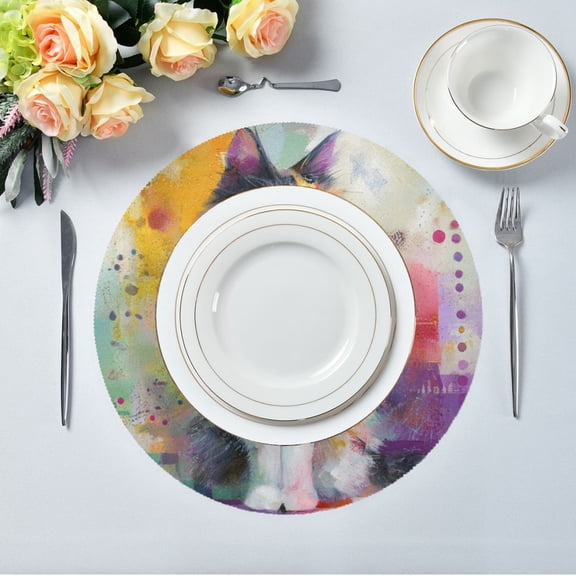 15.4" Round Placemat Set of 1 Polyester Fabric Place Mats Non-Slip Dining Kitchen Table Mats for Kitchen Party Decor Charming Hairy Cat