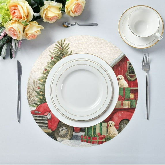 15.4" Round Placemat Set of 1 Polyester Fabric Place Mats Non-Slip Dining Kitchen Table Mats for Kitchen Party Decor Christmas Decorations and Dogs