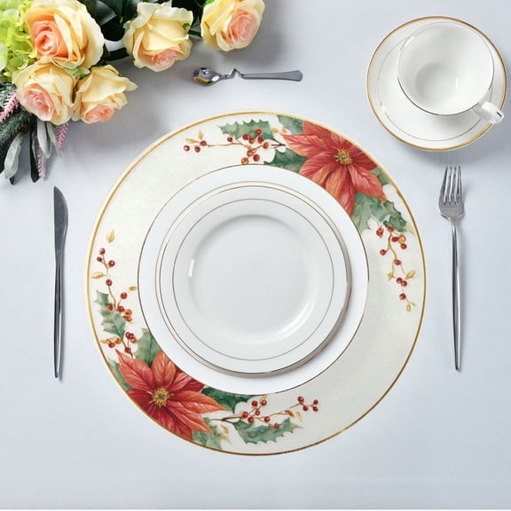 15.4" Round Placemat Set of 1 Polyester Fabric Place Mats Non-Slip Dining Kitchen Table Mats for Kitchen Party Decor Circular Holly Leaves Pattern