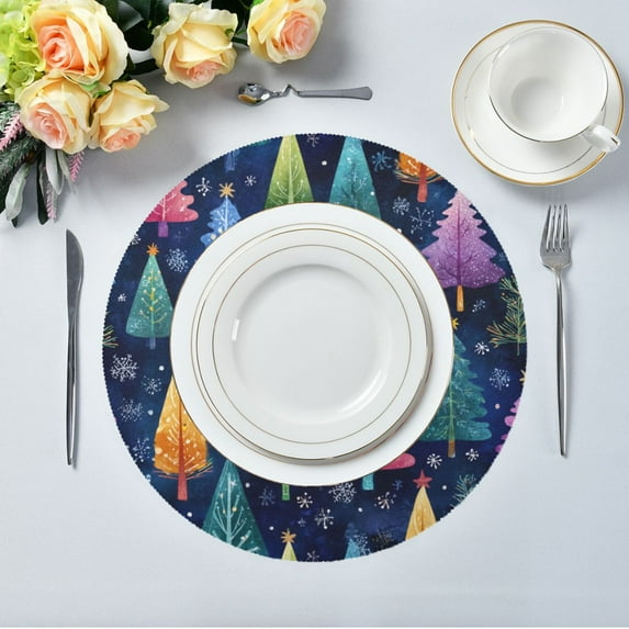 15.4" Round Placemat Set of 1 Polyester Fabric Place Mats Non-Slip Dining Kitchen Table Mats for Kitchen Party Decor Colorful Christmas Trees Pattern