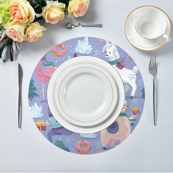 15.4" Round Placemat Set of 1 Polyester Fabric Place Mats Non-Slip Dining Kitchen Table Mats for Kitchen Party Decor Cute Animals in The Snow