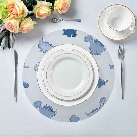 15.4" Round Placemat Set of 1 Polyester Fabric Place Mats Non-Slip Dining Kitchen Table Mats for Kitchen Party Decor Cute Blue Dinosaurs