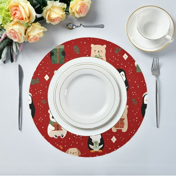 15.4" Round Placemat Set of 1 Polyester Fabric Place Mats Non-Slip Dining Kitchen Table Mats for Kitchen Party Decor Cute Christmas Animals