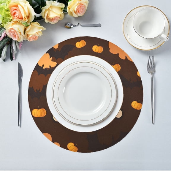 15.4" Round Placemat Set of 1 Polyester Fabric Place Mats Non-Slip Dining Kitchen Table Mats for Kitchen Party Decor Cute Ghost with Pumpkins