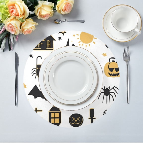 15.4" Round Placemat Set of 1 Polyester Fabric Place Mats Non-Slip Dining Kitchen Table Mats for Kitchen Party Decor Cute Halloween Icon