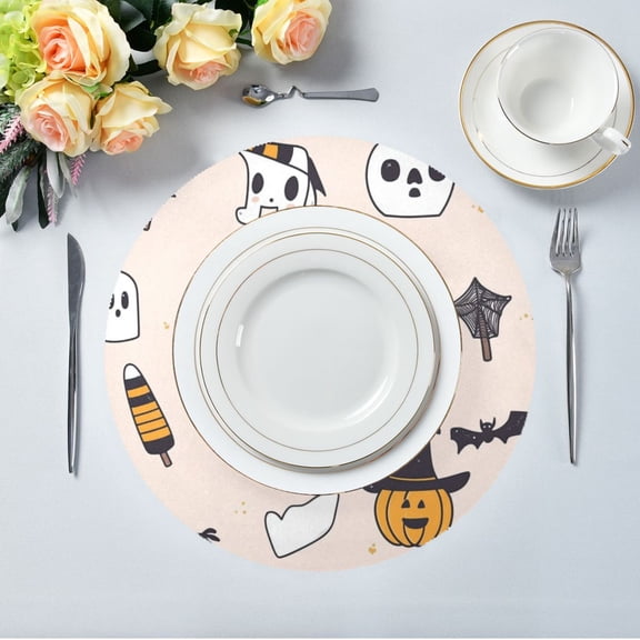 15.4" Round Placemat Set of 1 Polyester Fabric Place Mats Non-Slip Dining Kitchen Table Mats for Kitchen Party Decor Cute Halloween Icons Pattern