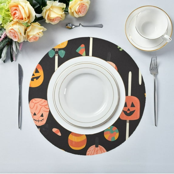15.4" Round Placemat Set of 1 Polyester Fabric Place Mats Non-Slip Dining Kitchen Table Mats for Kitchen Party Decor Cute Halloween Lollipop