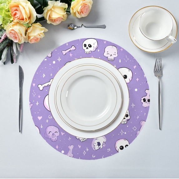15.4" Round Placemat Set of 1 Polyester Fabric Place Mats Non-Slip Dining Kitchen Table Mats for Kitchen Party Decor Cute Skulls and Bones