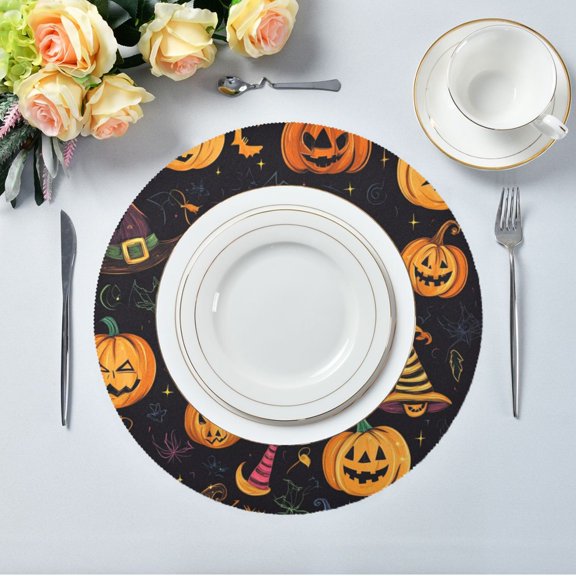 15.4" Round Placemat Set of 1 Polyester Fabric Place Mats Non-Slip Dining Kitchen Table Mats for Kitchen Party Decor Dark Halloween Pattern