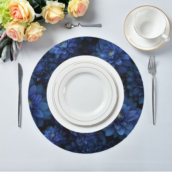15.4" Round Placemat Set of 1 Polyester Fabric Place Mats Non-Slip Dining Kitchen Table Mats for Kitchen Party Decor Deep Blue Flower