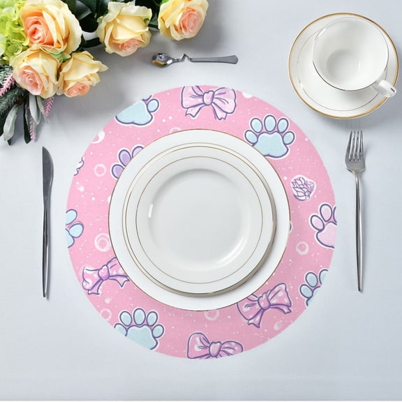 15.4" Round Placemat Set of 1 Polyester Fabric Place Mats Non-Slip Dining Kitchen Table Mats for Kitchen Party Decor Dog Paw Prints and Bows