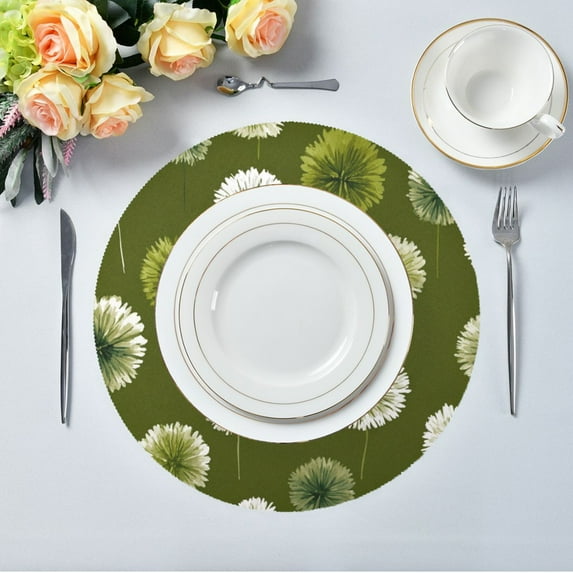 15.4" Round Placemat Set of 1 Polyester Fabric Place Mats Non-Slip Dining Kitchen Table Mats for Kitchen Party Decor Green Dandelions Pattern