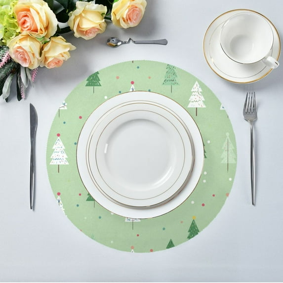 15.4" Round Placemat Set of 1 Polyester Fabric Place Mats Non-Slip Dining Kitchen Table Mats for Kitchen Party Decor Green and White Christmas Tree
