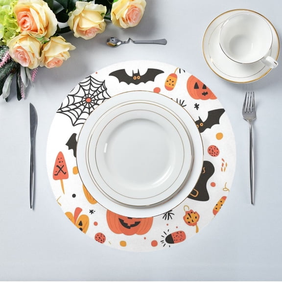 15.4" Round Placemat Set of 1 Polyester Fabric Place Mats Non-Slip Dining Kitchen Table Mats for Kitchen Party Decor Halloween Doodle Clip Art