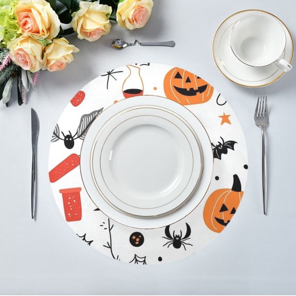 15.4" Round Placemat Set of 1 Polyester Fabric Place Mats Non-Slip Dining Kitchen Table Mats for Kitchen Party Decor Halloween Doodle