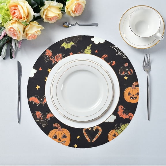 15.4" Round Placemat Set of 1 Polyester Fabric Place Mats Non-Slip Dining Kitchen Table Mats for Kitchen Party Decor Halloween Motif Featuring