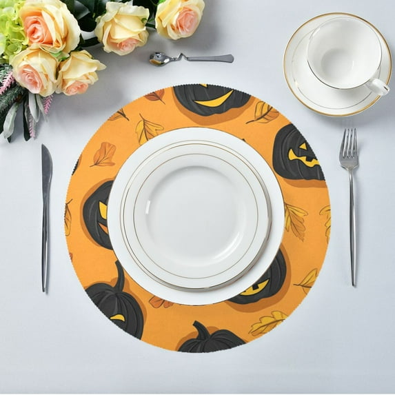 15.4" Round Placemat Set of 1 Polyester Fabric Place Mats Non-Slip Dining Kitchen Table Mats for Kitchen Party Decor Halloween Orange Pumpkin Pattern
