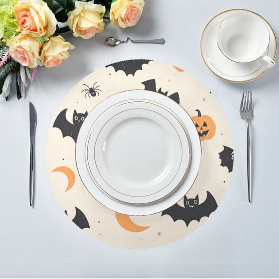 15.4" Round Placemat Set of 1 Polyester Fabric Place Mats Non-Slip Dining Kitchen Table Mats for Kitchen Party Decor Halloween-themed Cute Animal