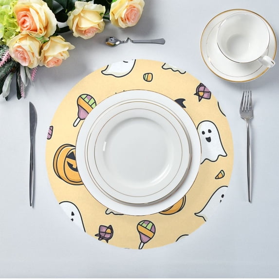 15.4" Round Placemat Set of 1 Polyester Fabric Place Mats Non-Slip Dining Kitchen Table Mats for Kitchen Party Decor Halloween-themed Simple Line Art