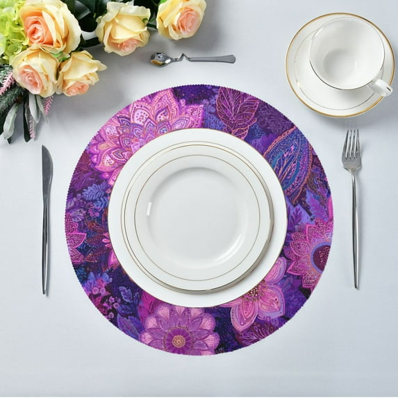 15.4" Round Placemat Set of 1 Polyester Fabric Place Mats Non-Slip Dining Kitchen Table Mats for Kitchen Party Decor Lavender Bohemian Pattern