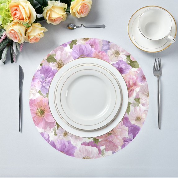 15.4" Round Placemat Set of 1 Polyester Fabric Place Mats Non-Slip Dining Kitchen Table Mats for Kitchen Party Decor Lavender and Pink Flowers