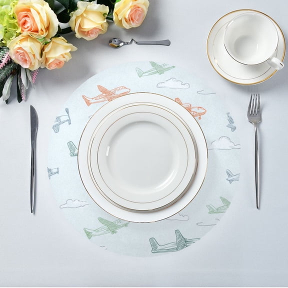 15.4" Round Placemat Set of 1 Polyester Fabric Place Mats Non-Slip Dining Kitchen Table Mats for Kitchen Party Decor Pastel Doodle Airplanes