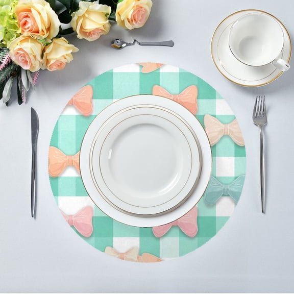 15.4" Round Placemat Set of 1 Polyester Fabric Place Mats Non-Slip Dining Kitchen Table Mats for Kitchen Party Decor Pastel Green and Peach Bows