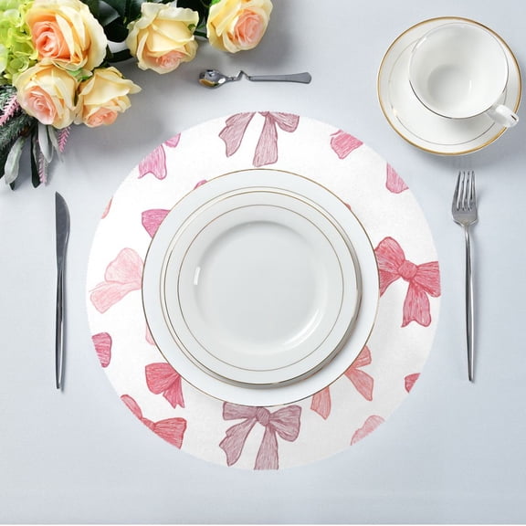 15.4" Round Placemat Set of 1 Polyester Fabric Place Mats Non-Slip Dining Kitchen Table Mats for Kitchen Party Decor Pink Bows Pattern