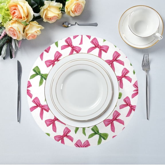 15.4" Round Placemat Set of 1 Polyester Fabric Place Mats Non-Slip Dining Kitchen Table Mats for Kitchen Party Decor Pink Bows and Green Ribbons