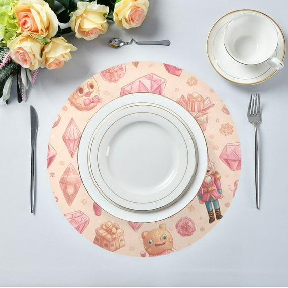 15.4" Round Placemat Set of 1 Polyester Fabric Place Mats Non-Slip Dining Kitchen Table Mats for Kitchen Party Decor Pink Christmas Elements