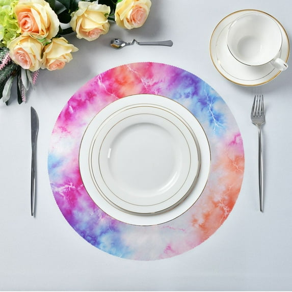 15.4" Round Placemat Set of 1 Polyester Fabric Place Mats Non-Slip Dining Kitchen Table Mats for Kitchen Party Decor Pink and Blue Tie-dye Pattern