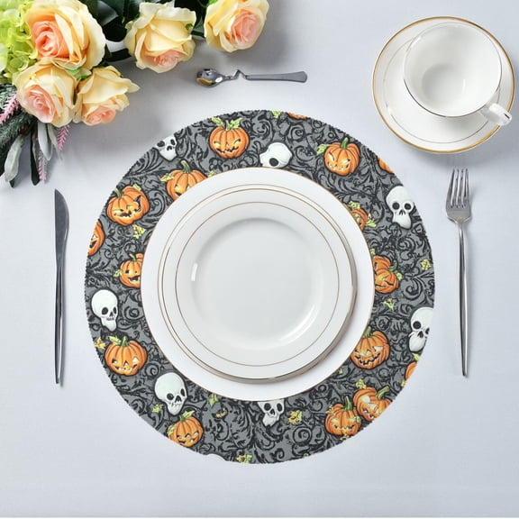 15.4" Round Placemat Set of 1 Polyester Fabric Place Mats Non-Slip Dining Kitchen Table Mats for Kitchen Party Decor Pumpkins and White Ghosts
