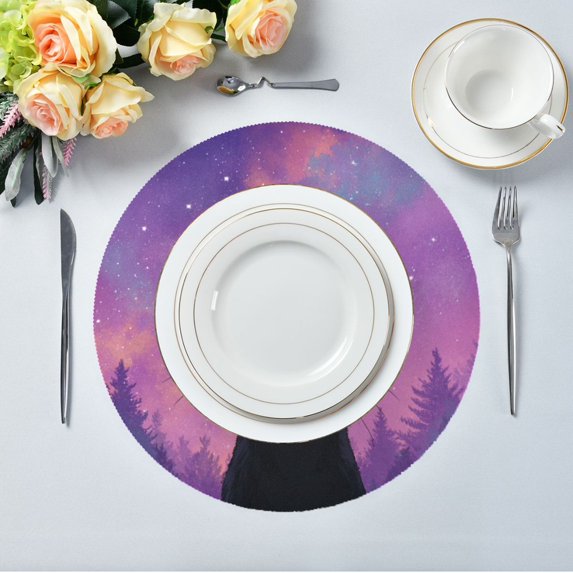 15.4" Round Placemat Set of 1 Polyester Fabric Place Mats Non-Slip Dining Kitchen Table Mats for Kitchen Party Decor Purple Sky and Black Cat