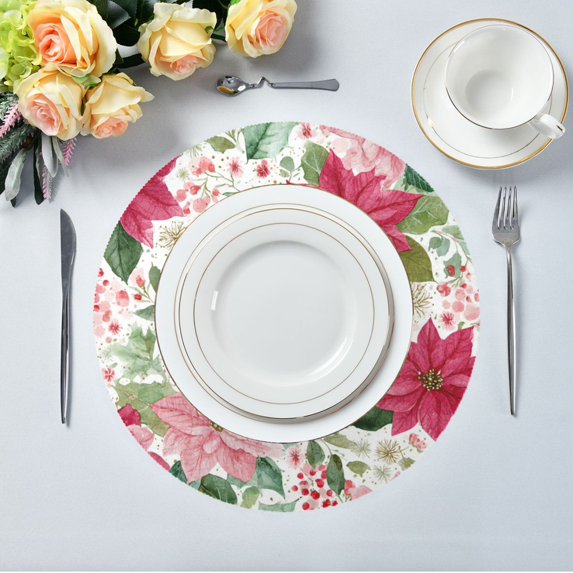 15.4" Round Placemat Set of 1 Polyester Fabric Place Mats Non-Slip Dining Kitchen Table Mats for Kitchen Party Decor Red Flowers and Leaves