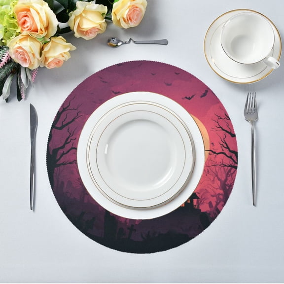 15.4" Round Placemat Set of 1 Polyester Fabric Place Mats Non-Slip Dining Kitchen Table Mats for Kitchen Party Decor Red Halloween Night