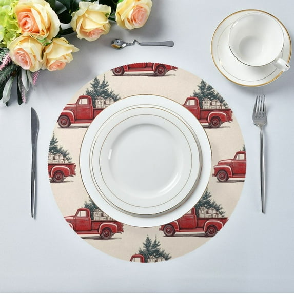 15.4" Round Placemat Set of 1 Polyester Fabric Place Mats Non-Slip Dining Kitchen Table Mats for Kitchen Party Decor Red Truck with Presents