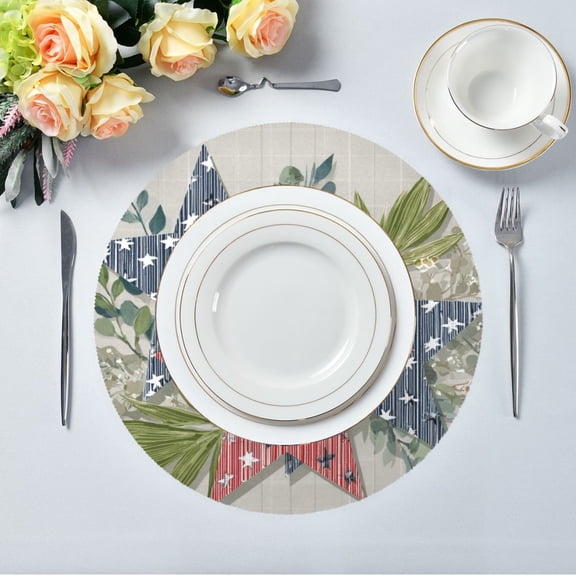 15.4" Round Placemat Set of 1 Polyester Fabric Place Mats Non-Slip Dining Kitchen Table Mats for Kitchen Party Decor Red and Blue Stars