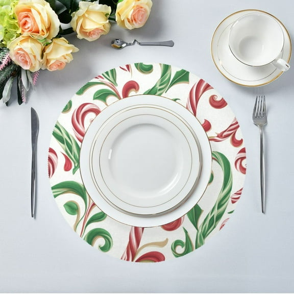 15.4" Round Placemat Set of 1 Polyester Fabric Place Mats Non-Slip Dining Kitchen Table Mats for Kitchen Party Decor Red and Green Candy-cane