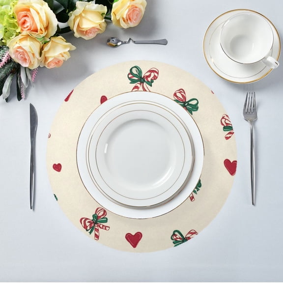 15.4" Round Placemat Set of 1 Polyester Fabric Place Mats Non-Slip Dining Kitchen Table Mats for Kitchen Party Decor Ribbons and Hearts Pattern