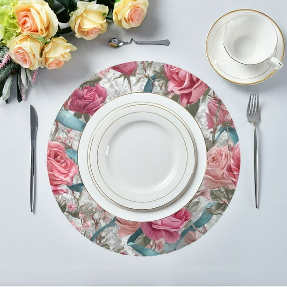 15.4" Round Placemat Set of 1 Polyester Fabric Place Mats Non-Slip Dining Kitchen Table Mats for Kitchen Party Decor Roses and Ribbons