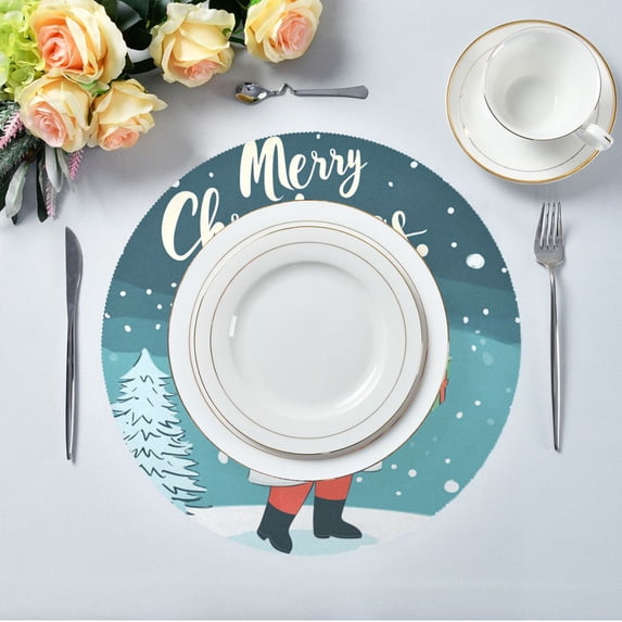 15.4" Round Placemat Set of 1 Polyester Fabric Place Mats Non-Slip Dining Kitchen Table Mats for Kitchen Party Decor Santa Claus and Tree