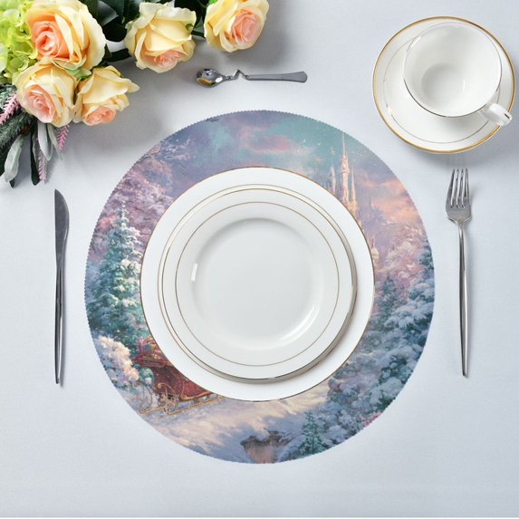 15.4" Round Placemat Set of 1 Polyester Fabric Place Mats Non-Slip Dining Kitchen Table Mats for Kitchen Party Decor Santa Claus in Sleigh